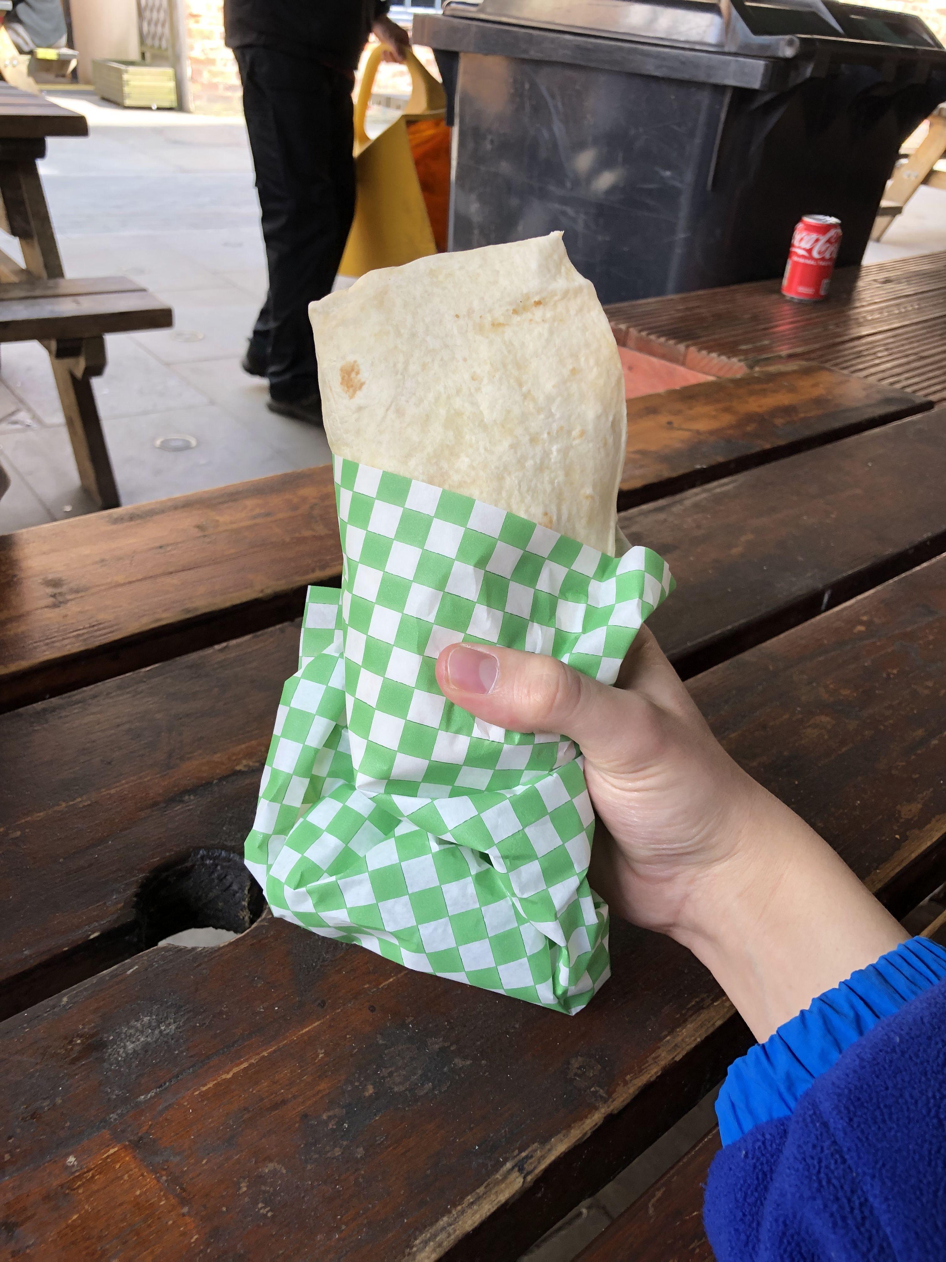 Wrap purchased from the Shambles Food Court, served in green and white checked paper